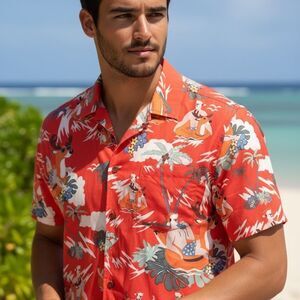 American Trends Men's L Red Short Sleeve Hawaiian Shirt Christmas Aloha Santa